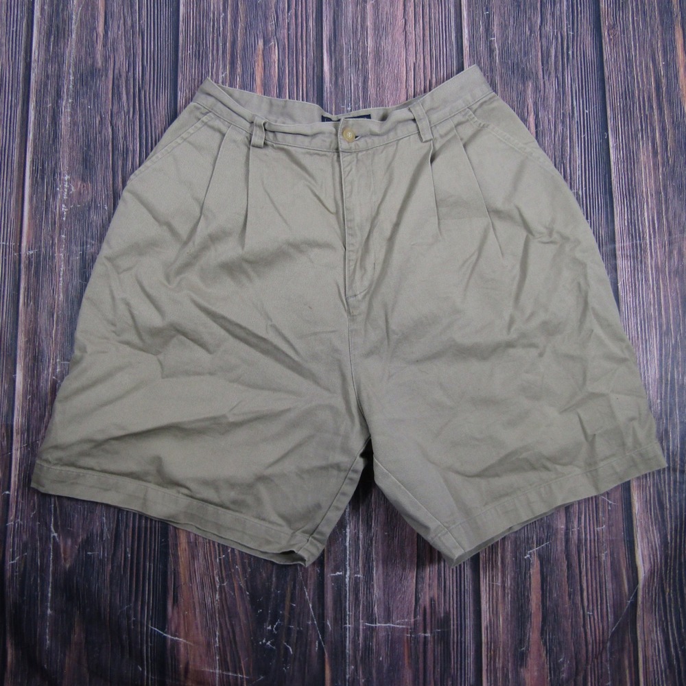 British Khaki Pleated Chino Shorts Mens 12 Tan Cotton Casual Twill